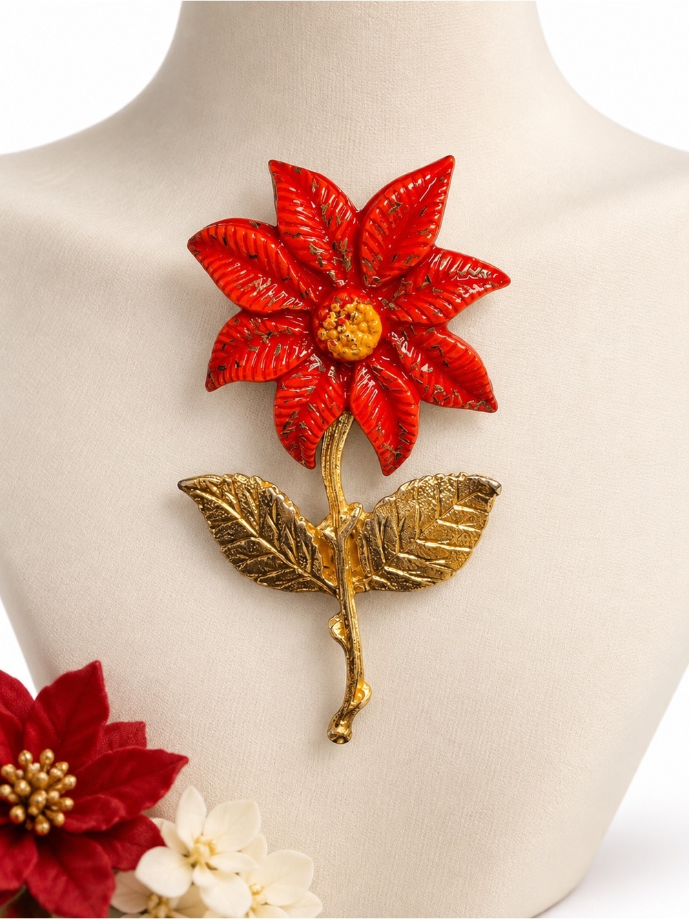 Mother Mary Brooch Red, Gold Tone Flower Vintage